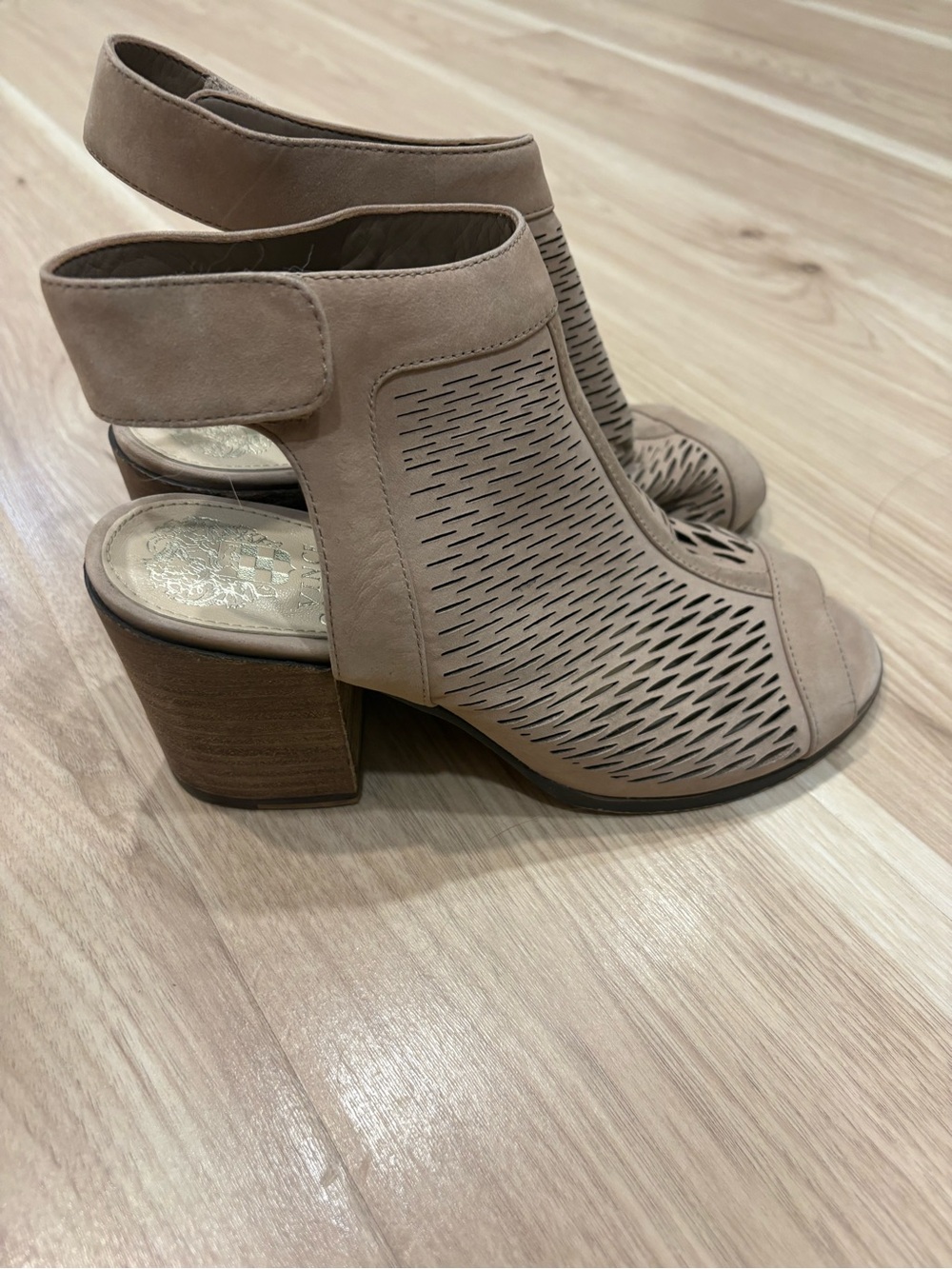 Vince Camuto Perforated Open-Toe Block Heel Sandals - Taupe